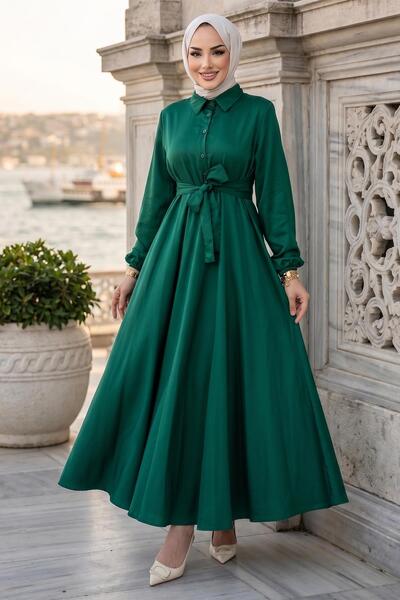 hafsamina Belted Mevlana Dress Emerald Green Hm2105
