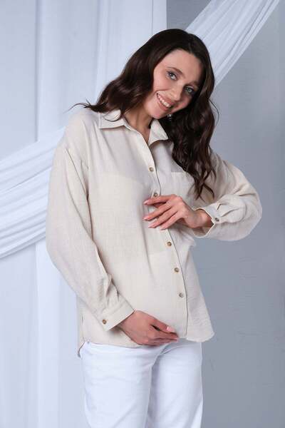 BUSA Μακρυμάνικο λινό πουκάμισο εγκυμοσύνης με τσέπες ΜΠΕΖ