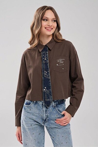 tw3 Γυναικείο τζιν πουκάμισο με λεπτομέρεια σχεδιασμού και λεπτομέρεια από ύφ...