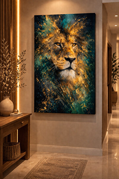 Mgi Design Canvas Painting with Lion Figure – Gold and Turquoise Abstract Art...