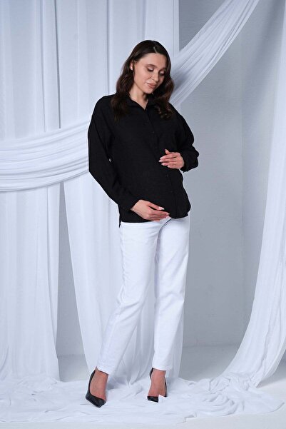 BUSA Μακρυμάνικο λινό πουκάμισο εγκυμοσύνης με τσέπες ΜΑΥΡΟ