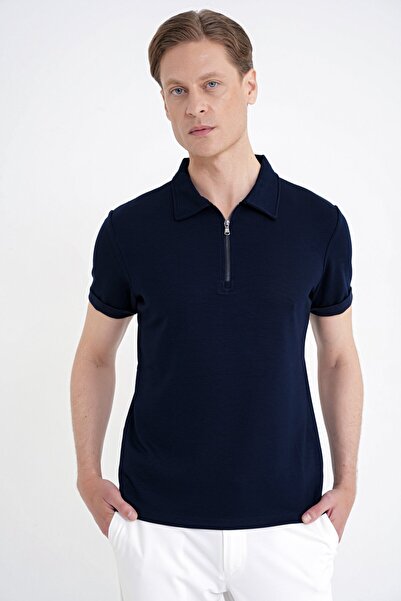 Efor Slim Fit Esnek Pamuklu Fermuarlı Polo Yaka Lacivert Tişört TS 926