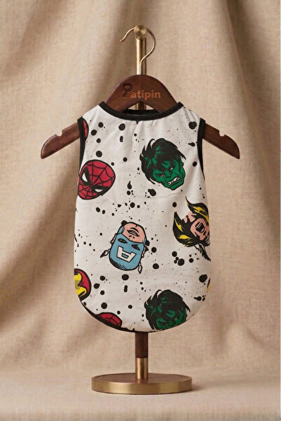 Patipin White Avengers Patterned Cat Dog T-Shirt - Hero Printed Cotton Dog Ap...
