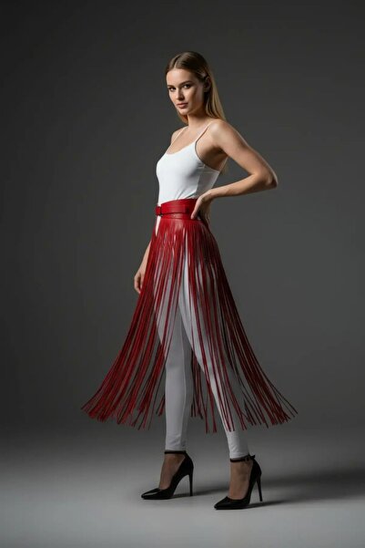 Mariposa Secret Red Skirt Long Tassel Detailed Skirt Faux Leather Skirt - Brf...