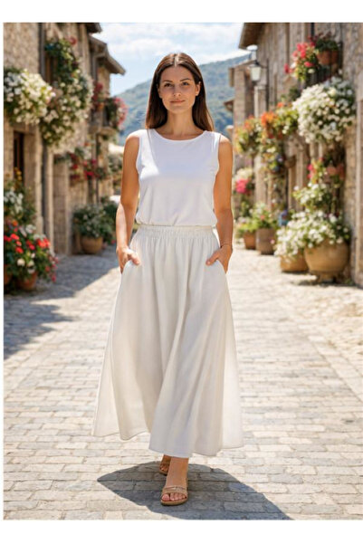 memetti m şekil Γυναικεία λευκή φούστα ποπλίνα με ελαστική μέση, τσέπες και δ...