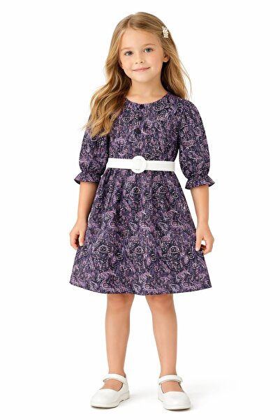 ARBİ kids Κοριτσίστικο φόρεμα με σχέδια, με κουμπιά, ζώνη και μισό μανίκι
