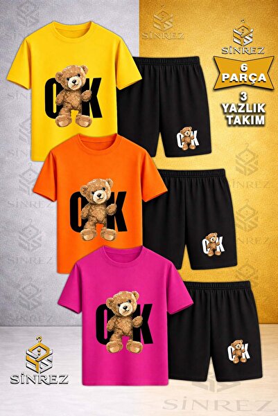 SİNREZ Tricou din 3 piese cu imprimeu NEGRU pentru copii AYICIK OK, cu gât ro...