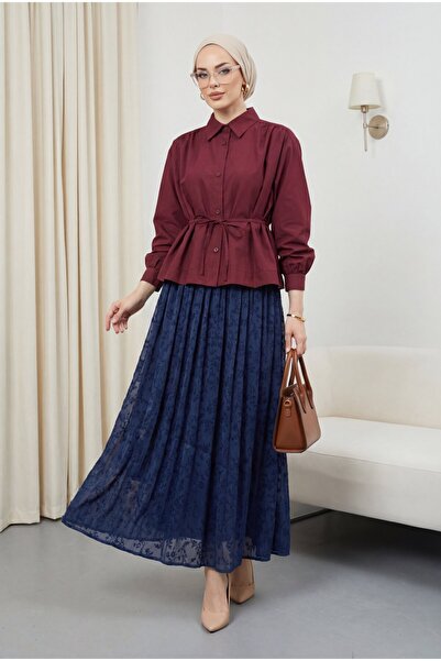 Modamorfo Gathered Shoulder Lace-Up Shirt Blouse -Burgundy