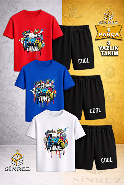 SİNREZ Tricou din 3 piese cu imprimeu GAME TIME COOL pentru copii - Set panta...