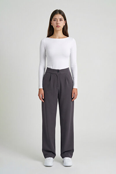 MODASPARK Anthracite High Waist Pocketed Buttoned Lycra Women's Palazzo Trousers