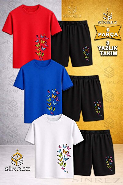 SİNREZ Children's Coklu Kelbk Soleni Printed Crew Neck 3-Piece T-Shirt - Shor...