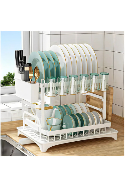 Herum Μεταλλικό ράφι πιάτων με 2 επίπεδα, πλαστικό δίσκο, αξεσουάρ, Λευκό, 42...