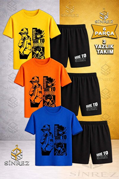 SİNREZ Children's Dare to Start Black Printed Crew Neck 3-Piece T-Shirt - Sho...