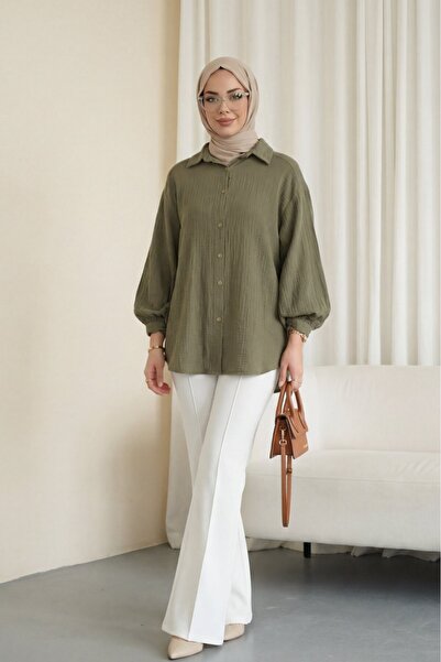 Modamorfo Oval Cut Buttoned Muslin Shirt -Khaki