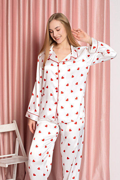 NBB Kadın, Saten, Ekru, Kalp Desenli Gömlek Pijama Takımı