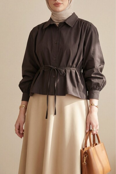 Modamorfo Lace-Up Shirt Blouse with Gathered Shoulders -K. Coffee