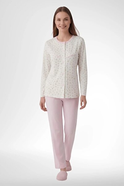 Mecit Pijama Σετ πιτζάμες μαμάς μεγάλου μεγέθους με κουμπιά μπροστά και μακρι...