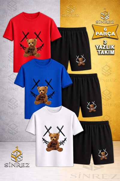 SİNREZ Children's Ayicik Yarn Carpi Black Custom Printed Crew Neck 3-Piece T-...