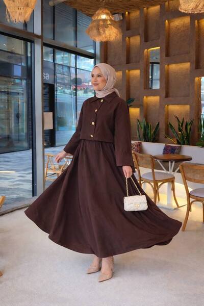 İLGEN FASHİON Σετ Φούστας και Σακάκι από Ύφασμα Kupra με Λεπτομέρεια από Χρυσ...