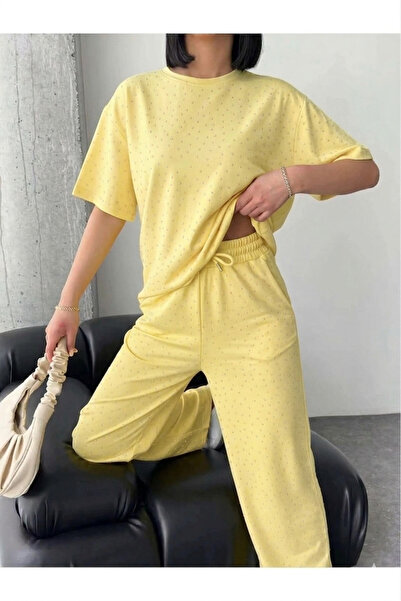 LOS FECHKA Γυναικείο κομψό σετ σε κίτρινο χρώμα με λεπτομέρεια από γυαλιστερή...