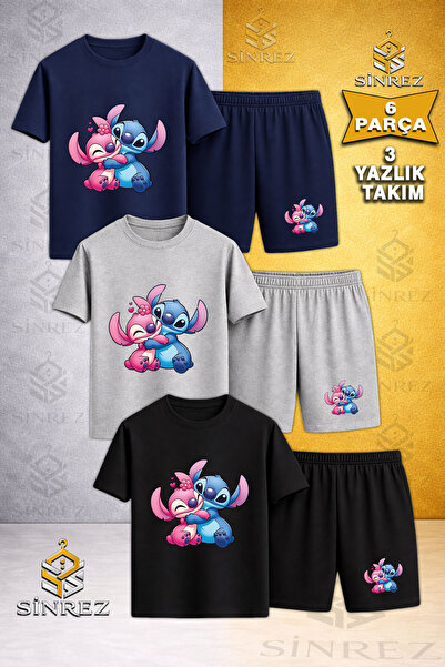 SİNREZ Çocuk LILO STITCH SARILMA Baskılı Bisiklet Yaka 3 Lü Tişört - Şort Takım