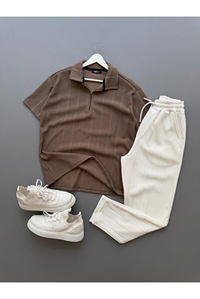 Baycombine35 Raporlu Ottoman Καφέ Μπλουζάκι με Μισό Φερμουάρ - Λευκό Σετ Παντ...