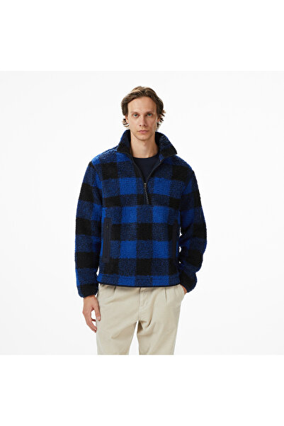 Tommy Hilfiger Teddy Fleece Check Pull Over Erkek Mavi Sweatshirt