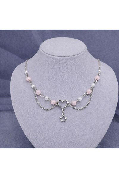 sleyshop Pembe Kuvars Doğaltaş İnci Kalp Pembe Hediyelik Kolye Yıldız Kolye