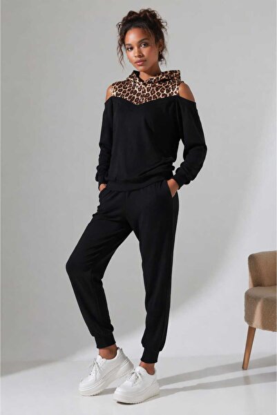 Motiv Leopar Desen Omuz Dekolteli Sweet/Paça Ribanalı Eşofman Takım