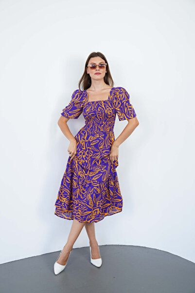 SUN BUTİK Πορτοκαλί-μωβ φόρεμα μίντι με μανίκια πριγκίπισσας και σχέδια