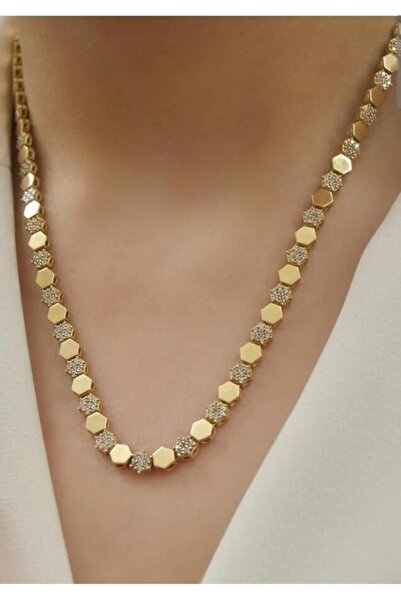Nazellaa Antialerjen 14K Altın Kaplama Zirkon Taşlı Petek Model Kolye Gold