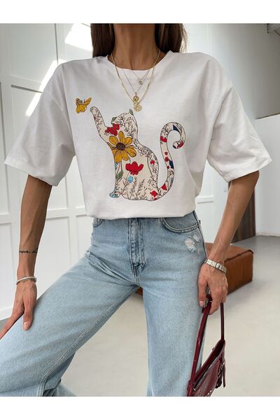 fujya Floral Patterned Cat Printed Oversize T-Shirt