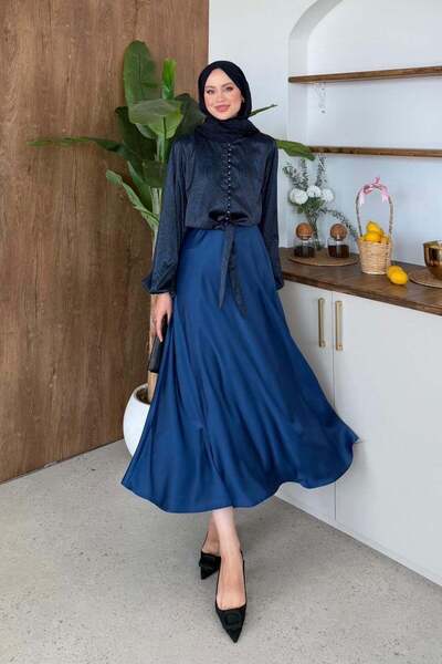 Hazamoda Σετ Φούστας Σατέν Elizabet σε Μπλε Ναυτικό