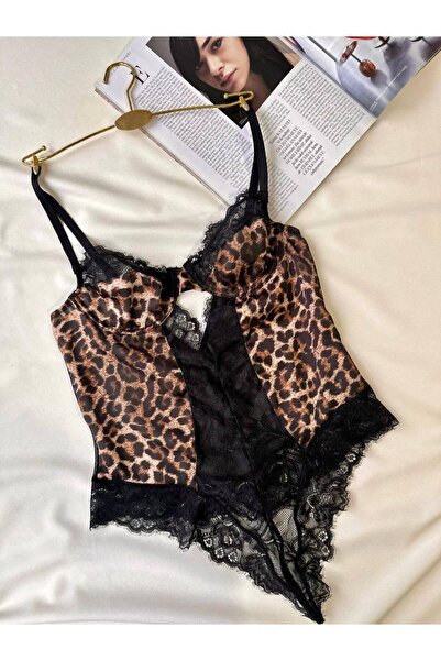 Leo Desir Leopar Desenli Saten Dantelli Transparan Bodysuit