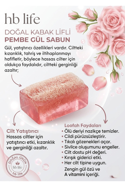 HB LİFE Doğal Kabak Lifli Pembe Gül Sabunu 110 Gr Peeling Etkili Nemlendirici...