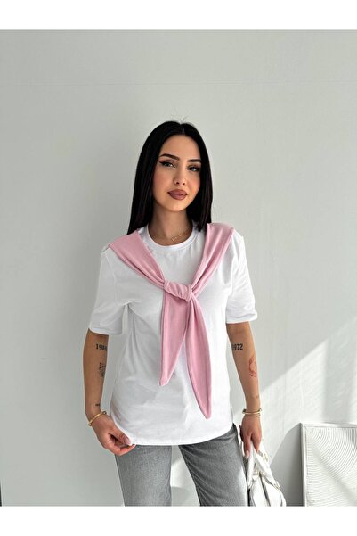 PIOVE Tricou de damă cu detaliu eșarfă – Tricou elegant de bază cu eșarfă