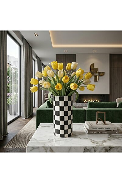 Aura Design Seramik Dama Desenli El işçiliği Vazo 25 cm