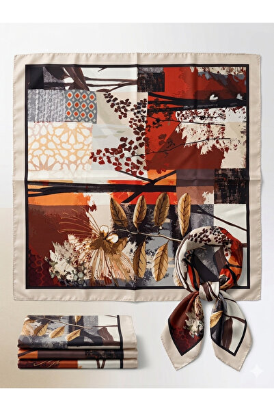Sonbahar Yaprakları ve Geometrik Desenli Pamuk Saten Eşarp / Fular - 50x50