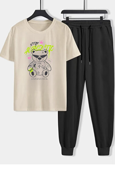 Nivorix Story Print Top and Bottom Tracksuit Set Oversize Crew Neck