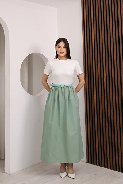 MİROR Γυναικείο φόρεμα με κοντό μανίκι και ζώνη, διπλό μάξι σε συνδυασμό χρωμ...