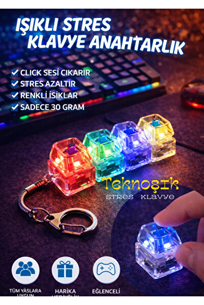 Teknoşık Işıklı Click Sesli Mini Klavye Anahtarlık Stres Giderici Oyuncak Ren...