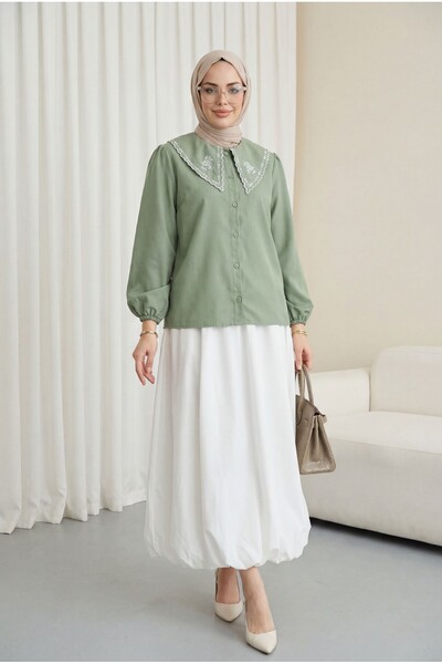 Modamorfo Μπλούζα από ποπλίνα με βολάν στο γιακά και ελαστικά μανίκια -çağla Y.