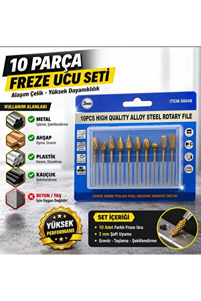 jehati 10 Parça Freze Ucu Seti 3mm Şaftlı HSS Alaşım Çelik Gravür Taşlama Şek...