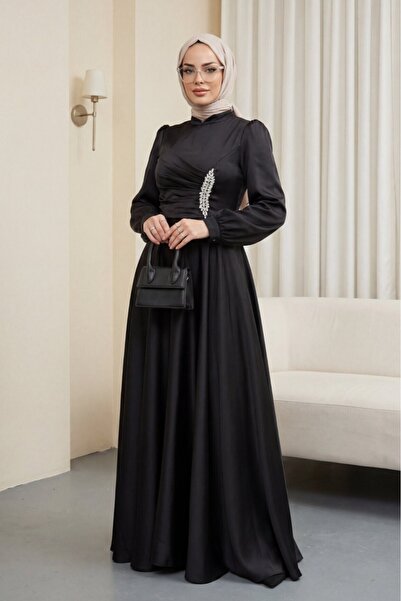 Modamorfo Draped Front Satin Dress with Stone Detail - Black
