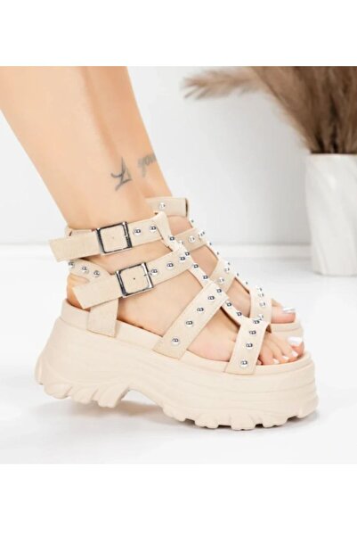 AND Μπεζ σανδάλια με πλατφόρμα, πολλαπλά λουράκια με υφή χαλαζία, χοντρή σόλα...