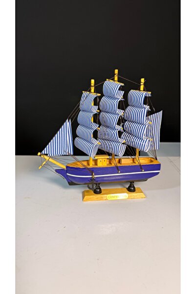 Çapalı Dekoratif Yelkenli Ahşap Gemi, Mavi, 16x16 cm