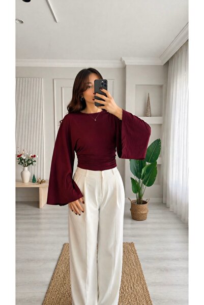 VELORA Modal bluz bele oturan bisiklet yaka geniş kollu basic üst