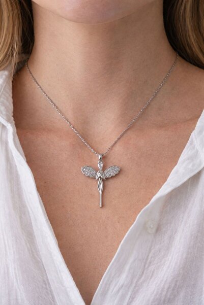 stainless steell Silver Zircon Stone Angel Steel Necklace