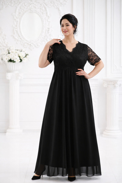 IŞILTI Γυναικείο μαύρο βραδινό φόρεμα με λαιμόκοψη V, κοντό μανίκι, λεπτομέρε...