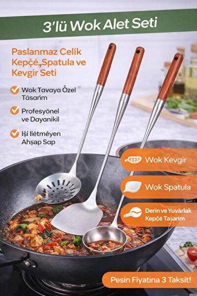 Biradlı 3’lü Wok Seti | Ahşap Saplı Paslanmaz Çelik Wok Kepçe, Spatula ve Kev...